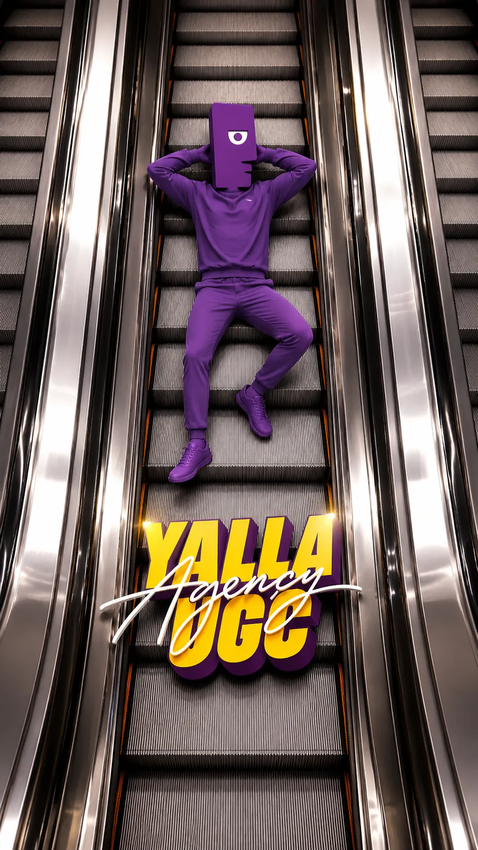 Yalla mascot lying on an escalator