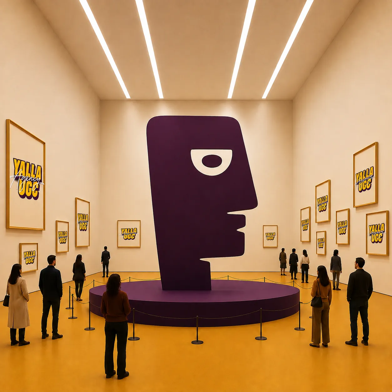 Museum room with a giant Yalla mascot head statue