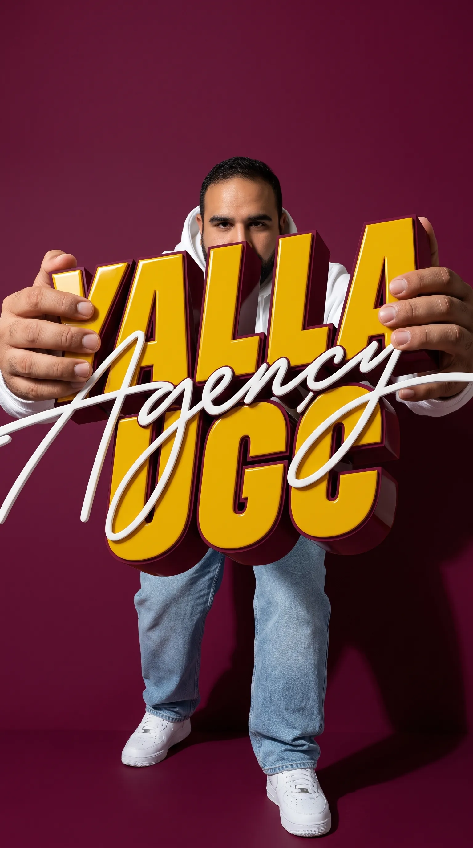 Founder holding the Yalla UGC 3D logo