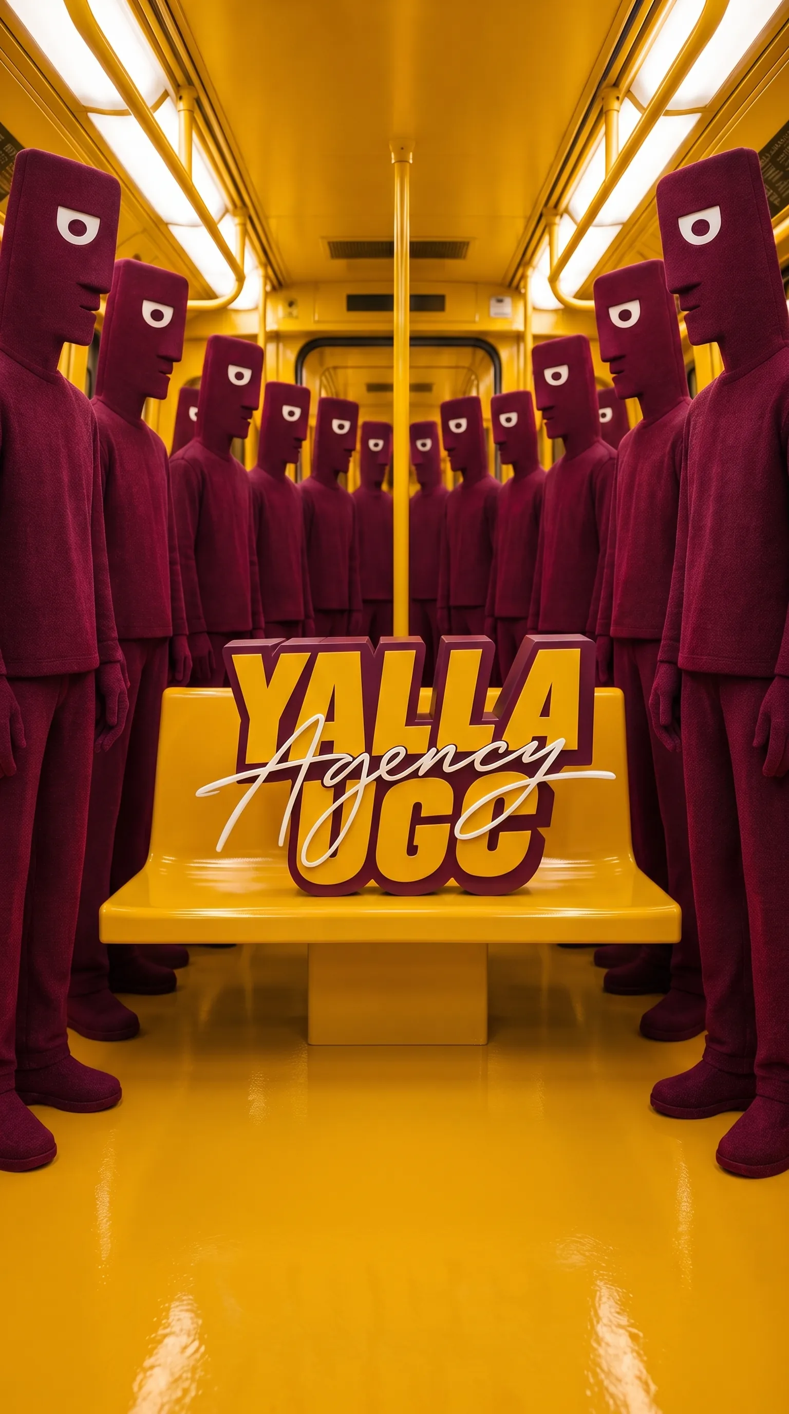 A crowd of Yalla mascots in a yellow metro car
