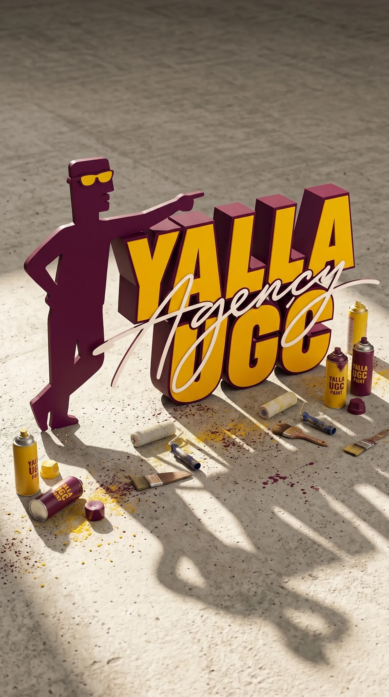 Yalla mascot pointing at the 3D logo surrounded by paint cans