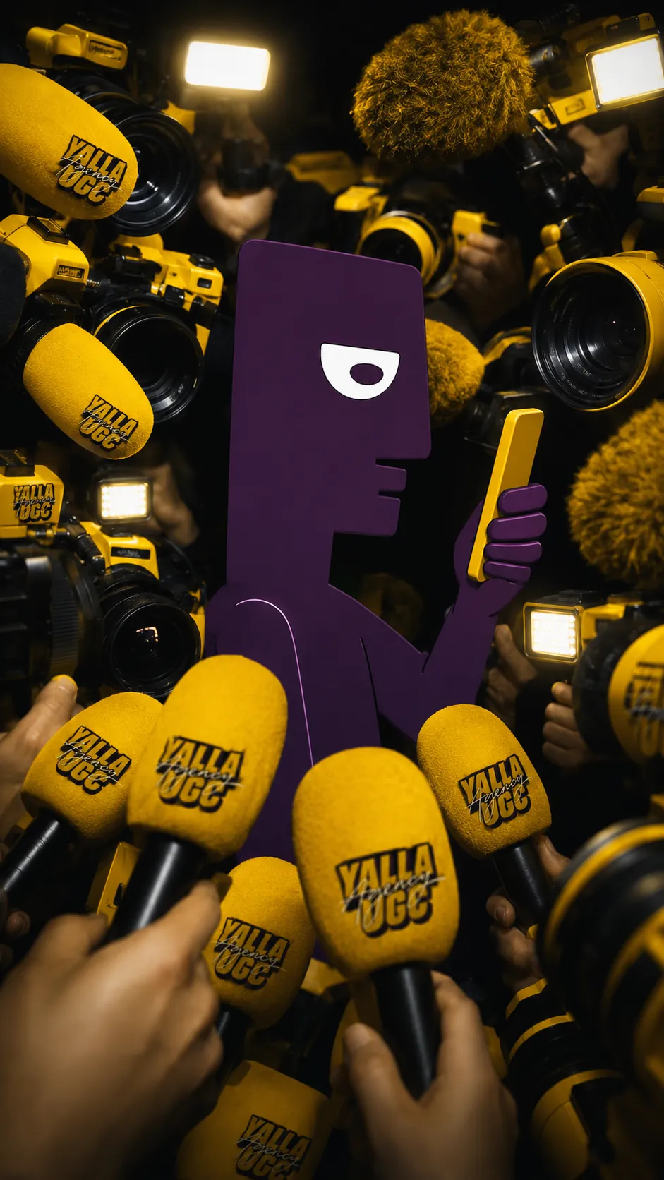 Yalla mascot surrounded by press microphones