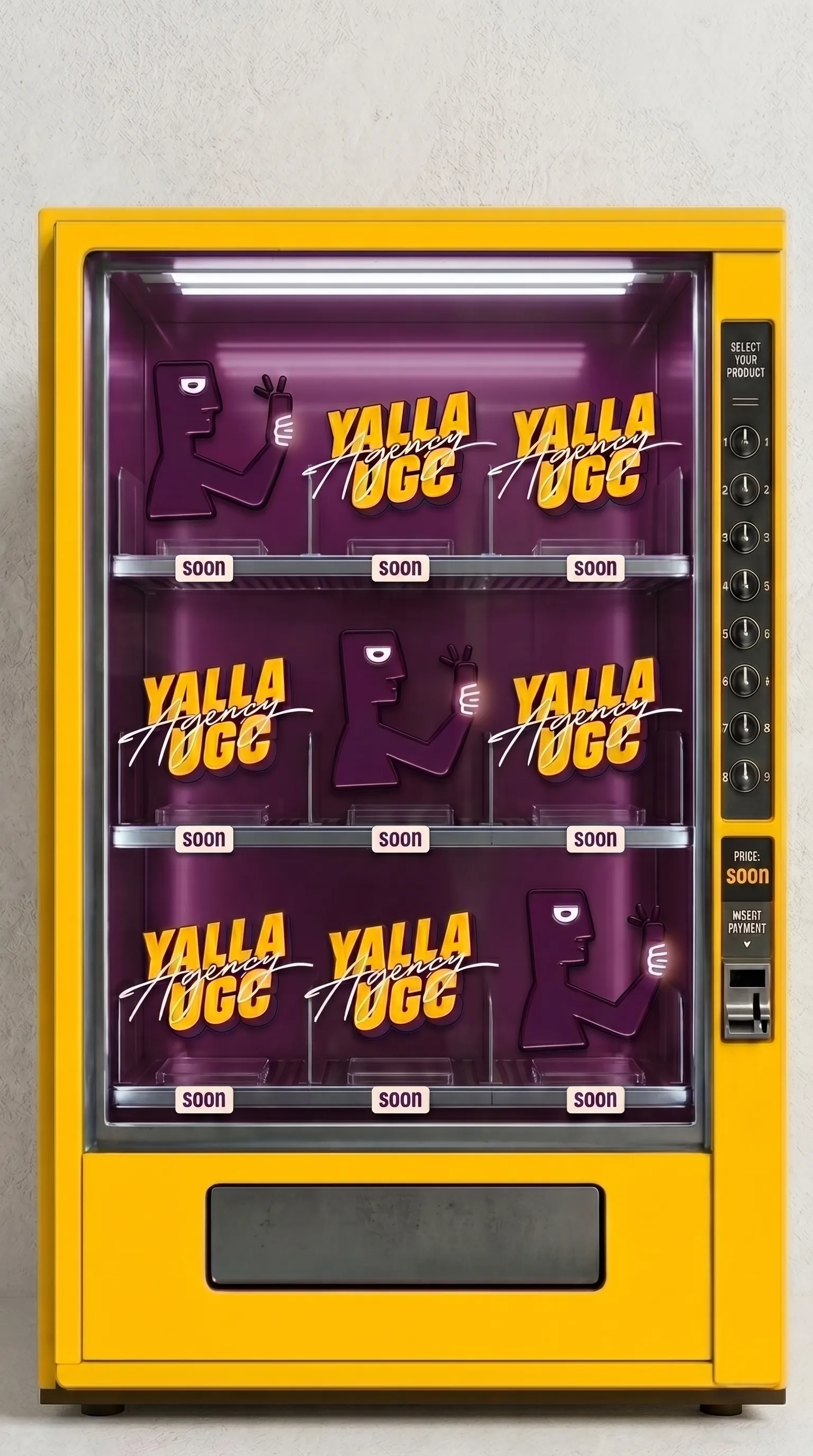 A yellow vending machine stocked with Yalla UGC logos